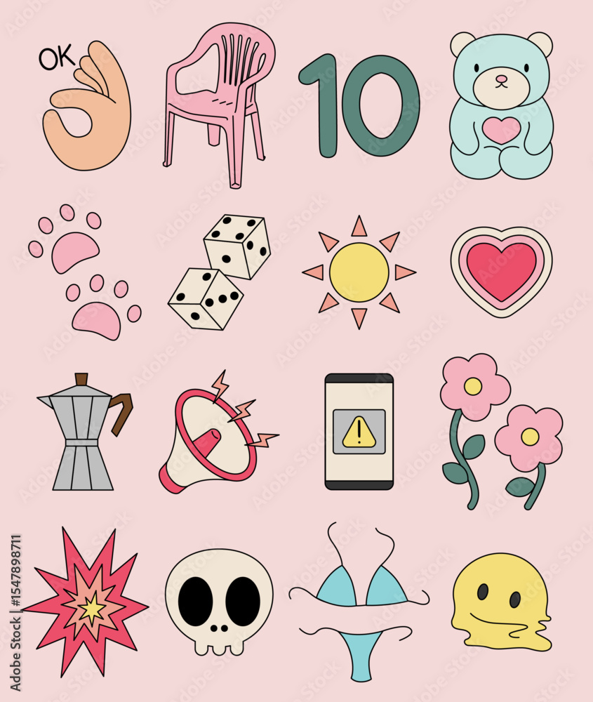 Icon set with Ok Hamd, Plastic Chair, Number 10, Teddy Bear, Paws, Dieces, Sun, Heart, Coffee Machine, Megaphone, Phone Alert, Flowers, Star, Skull, Bikini and Melted Face