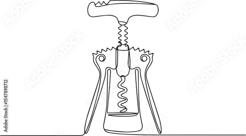 Continuous single line drawing of a traditional corkscrew wine bottle opener with curved handle and spiral helix on white background

