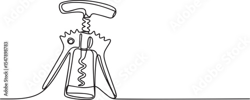 Continuous single line drawing of a traditional corkscrew wine bottle opener with curved handle and spiral helix on white background

