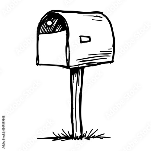 Hand drawn sketch of a classic rural mailbox on a wooden post with grass at its base