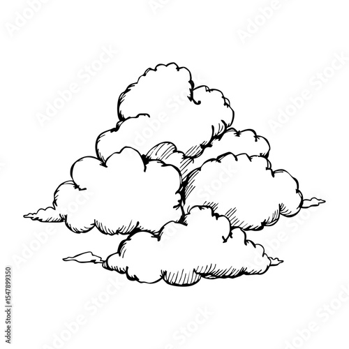 A hand drawn sketch of a grouping of cumulus clouds with fluffy shapes and subtle textural details in black and white