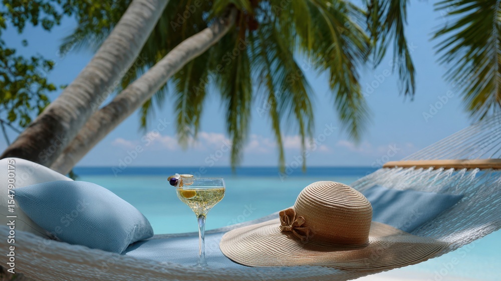 Obraz premium Hammock under palm trees with drink and sunhat, beach relaxation moment