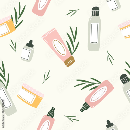 Skincare seamless pattern, beauty product. Woman self care concept. Vector flat cartoon illustration.