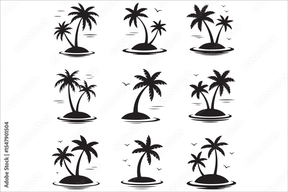 Fototapeta premium Beach Silhouette Bundle – Tropical Summer Vector Set with Palm Trees, Surfers, and Sunset Scenes