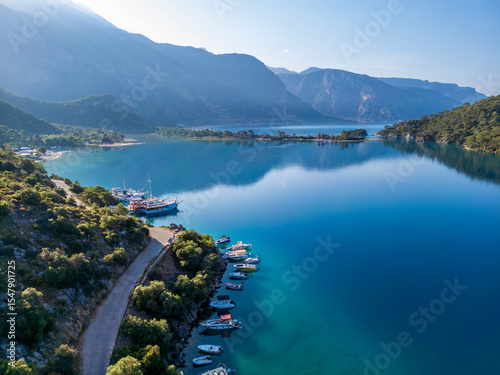 Fototapeta Naklejka Na Ścianę i Meble -  The Oludeniz Lagoon drone view in the morning in Fethiye Town of Turkey