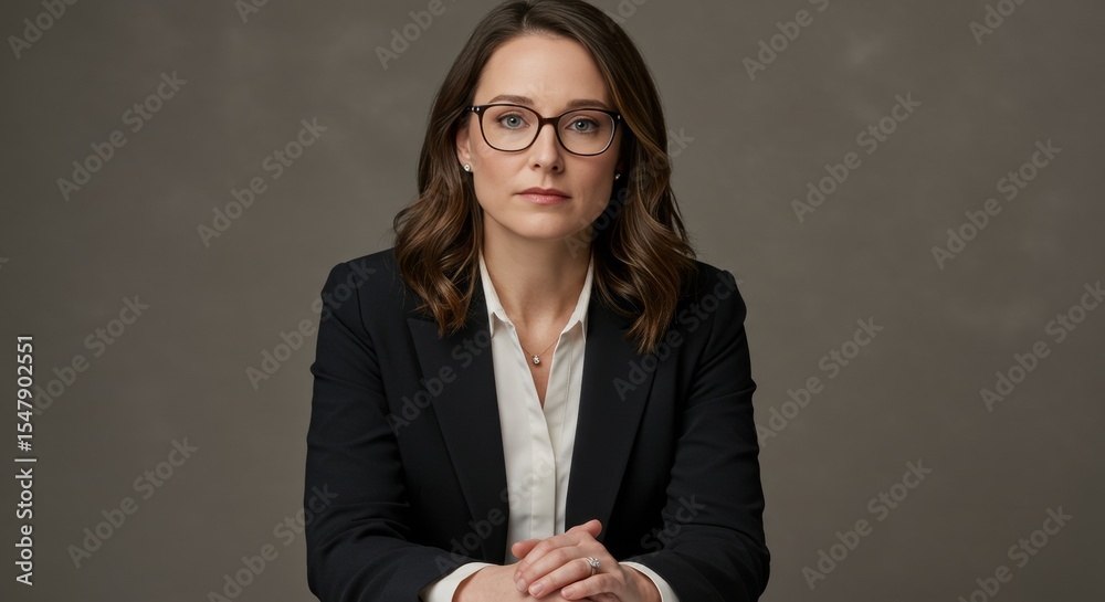 Professional headshot of a woman in a suit with glasses for business cards or website use Professional headshot of a woman in a suit with glasses for business cards or website use