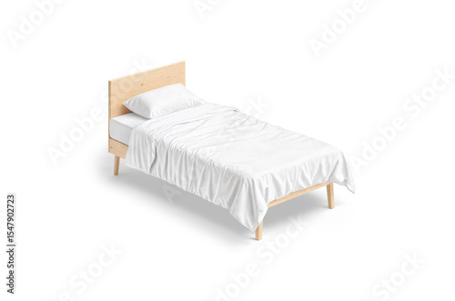 Wooden single bed with white bedding mockup, ai generated