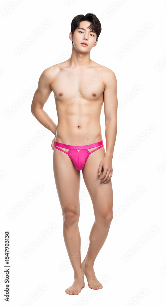Asian male model showcases cut-out briefs on a white background, blending contemporary men’s fashion, style, and confidence in this modern underwear photoshoot. Asian male model showcases cut-out briefs on a white background, blending contemporary men’s fashion, style, and confidence in this modern underwear photoshoot.