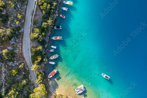 Fototapeta Naklejka Na Ścianę i Meble -  The Oludeniz Lagoon drone view in the morning in Fethiye Town of Turkey