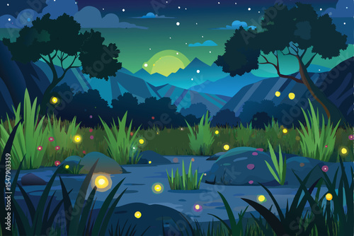 Magical Night Landscape Firefly Glow in Mountain Valley
