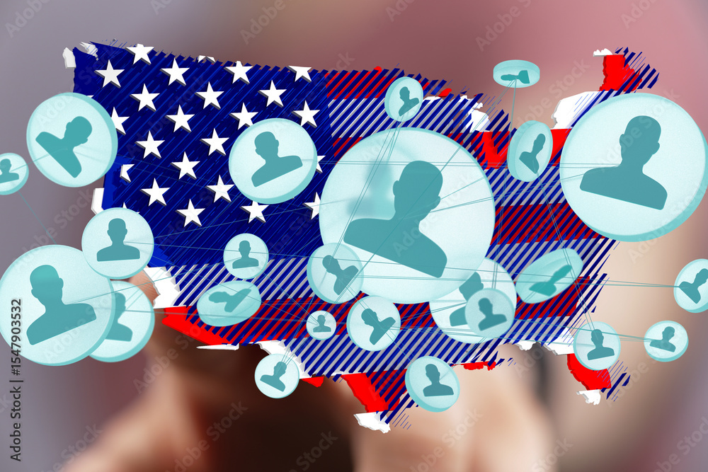 Obraz premium Illustrative image showing social media connections across the United States. Ideal for articles on social networking, US demographics, or online communit