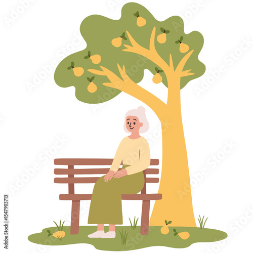 Elderly woman in garden. Senior woman picking apples in autumn park. Happy older lady surrounded by fall trees. Retired woman enjoying outdoor garden walk. Elderly set