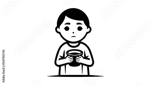 simple begging child vector illustration, black and white icon of a child begging for money, poverty icon with boy begging for money with a cup in hands