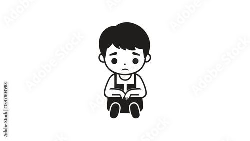 black and white shape of a sad boy sitting on the floor with sad face