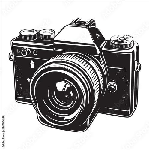 Camera silhouette vector art illustration, DSLR camera black silhouette vector, Simple silhouette Design vector icon with white background, A sleek, black silhouette of a DSLR/SLR camera