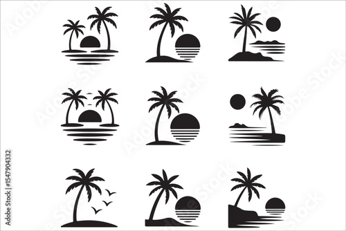 Beach Silhouette Bundle – Tropical Summer Vector Set with Palm Trees, Surfers, and Sunset Scenes

