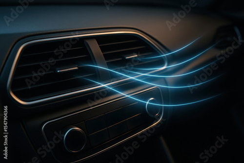 Modern car air conditioning system with cool airflow moving through dashboard interior vents, showcasing advanced climate control