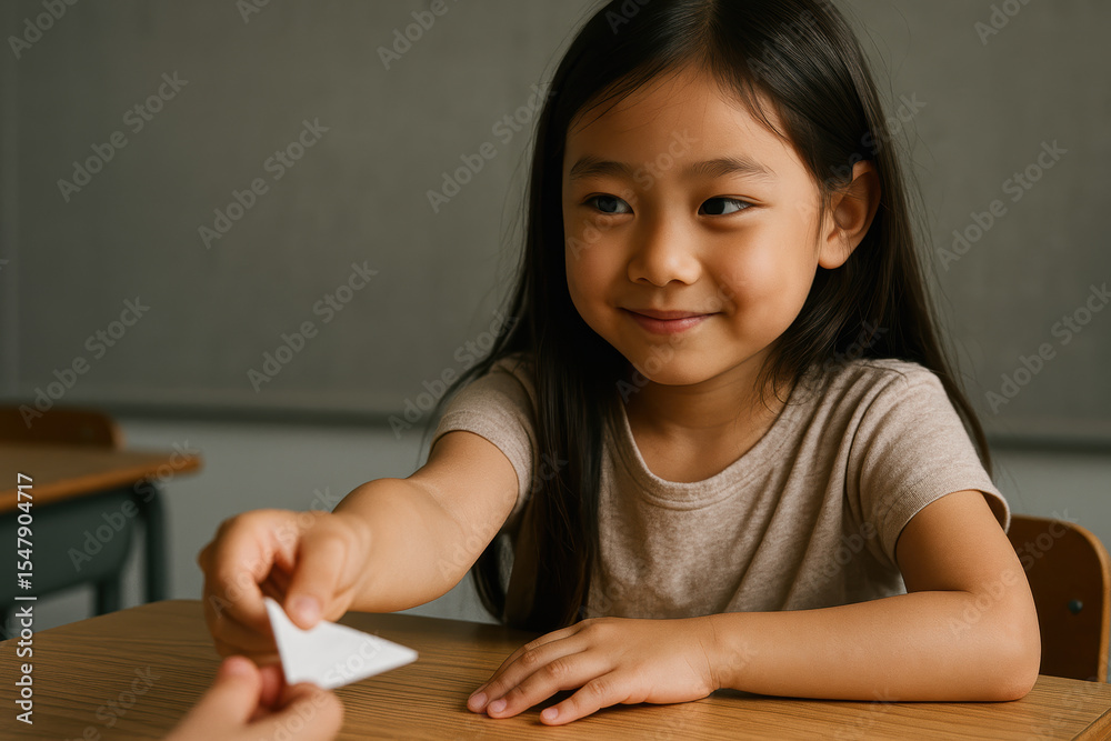 Smiling young girl sitting at a wooden desk in a classroom environment, handing a triangular piece of paper to another person Smiling young girl sitting at a wooden desk in a classroom environment, handing a triangular piece of paper to another person