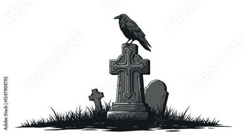 Raven perched on cemetery tombstone with cross in black and white illustration vector illustration
