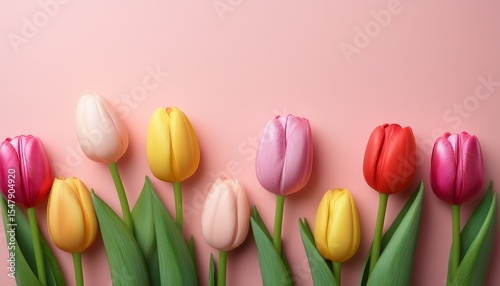 a row of colorful tulips with green leaves arranged on a soft pink background creating a fresh and vibrant springtime feel