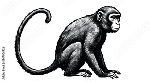 Detailed black and white illustration of monkey in side profile vector illustration