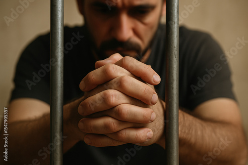 Man sitting behind metal bars with clasped hands, expressing remorse, uncertainty, and anxiety in a somber, dimly lit environment
