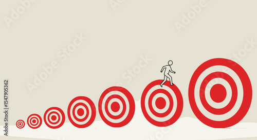 Success journey: stick figure climbing growing red targets vector illustration