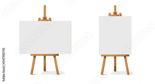 Two empty wooden easels with blank canvases standing on white background vector illustration