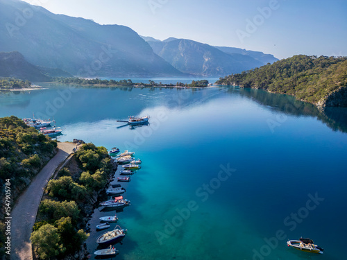 Fototapeta Naklejka Na Ścianę i Meble -  The Oludeniz Lagoon drone view in the morning in Fethiye Town of Turkey