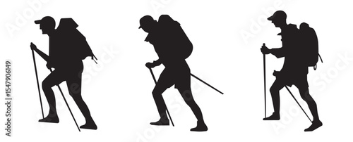 Vector illustration of silhouettes of three climbers using hiking poles for outdoor adventure.