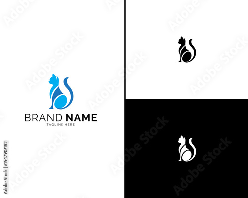 Creative Cat Logo Set Featuring Elegant Designs in Three Color Variants Including Blue and Black. Perfect for Fashion, Pet Brands, and Elegant Corporate Identity Projects.

