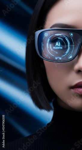 Close-up of woman wearing futuristic glasses displaying AI Agentic text, set against a dark blue background, symbolizing technological advancement and artificial intelligence