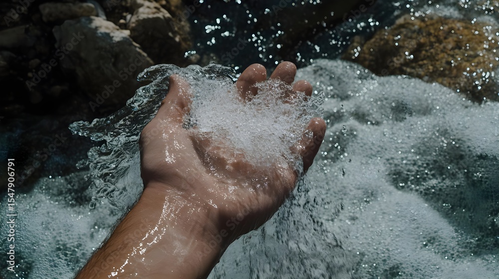 Fototapeta premium Water, Stream, River, Hand Cupping Flowing Water in Mountain Stream