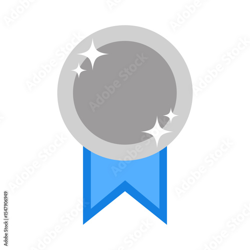 Shiny Silver Medal with Blue Ribbon and Sparkles, Vector Award for Game Interfaces