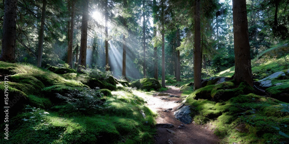 Obraz premium Majestic forest trail covered in moss and sunlight rays piercing through trees