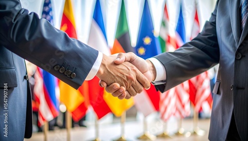photo of two senior global delegates shaking hands at an international summit, with national flags in the background and attendees blurred behind, symbolizing diplomatic cooperation