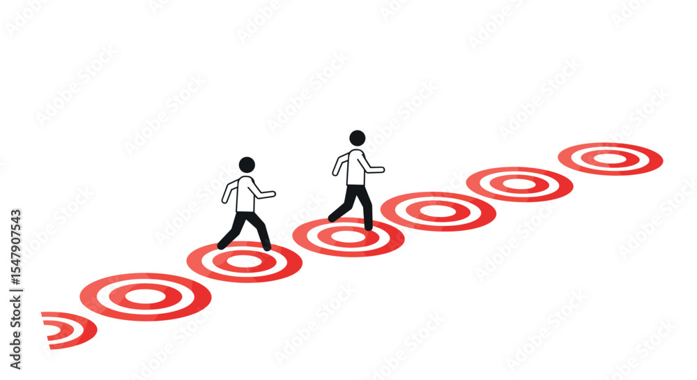 Abstract illustration of stick figures walking on red target circles in a sequence vector illustration