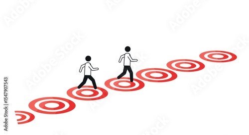 Abstract illustration of stick figures walking on red target circles in a sequence vector illustration