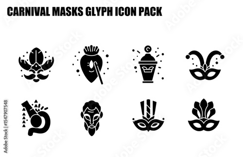 Carnival masks glyph icon pack with various designs and styles. Simple, black and white illustrations depict different mask styles for celebratory events.