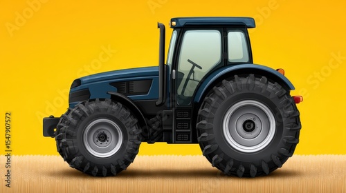 Blue tractor parked on a field with golden wheat background presenting agricultural machinery concepts with strong vibrant features emphasizing farming efficiency and mechanization