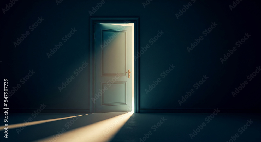 A slightly ajar door in a dark room, light streaming from beyond, symbolizing new beginnings, hope, and the unknown A slightly ajar door in a dark room, light streaming from beyond, symbolizing new beginnings, hope, and the unknown