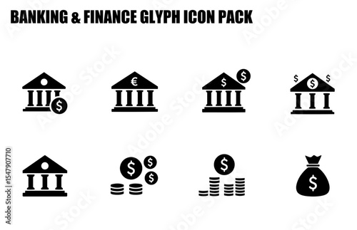 Banking and finance glyph icons for a financial application. Simple, black and white icons depicting bank buildings, money symbols, and stacks of coins in a classic design.