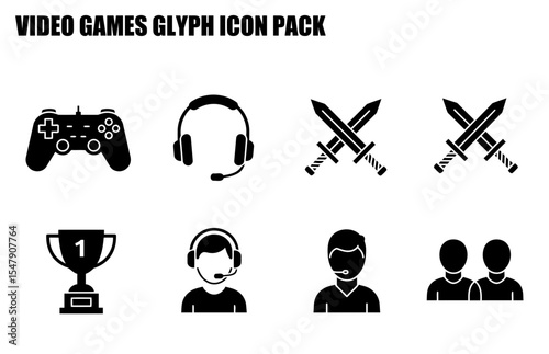 Video game glyph icons set for a video game app or website. Silhouette icons of video game elements with diverse actions, showing a collection of game tools and characters.