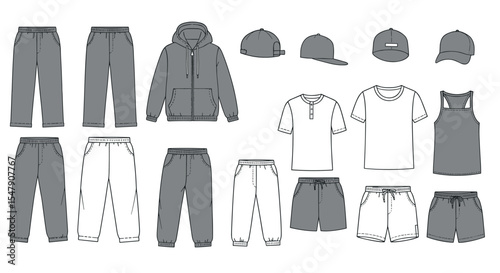 Collection of casual men's clothing outfits including pants, hoodie, shirts, shorts, and caps vector illustration