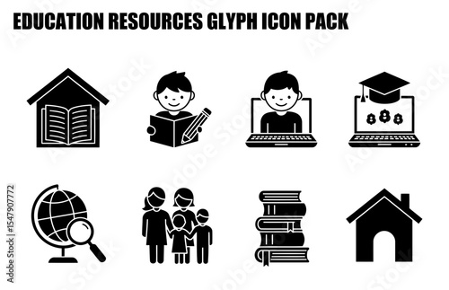 Education resources glyph icon pack depicting various learning scenarios. Students engaged in traditional and digital learning, along with family support and learning environments.