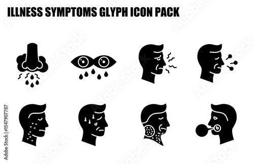 Illness symptoms glyph icons for medical infographic. Black and white illustration of various symptoms on human heads.