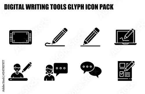 Digital writing tools glyph icon pack with various tools for design and writing. Flat icons featuring tablets, pencils, laptops, and more.