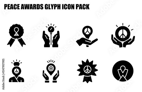 Black and white peace award glyph icon pack. Abstract icons of awards, hands holding awards, and locations in a simplified graphic style.