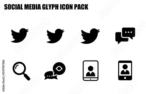 Social media glyph icons in a user-friendly, simple design. Silhouette representations of social media actions, including a tweet, conversation, search, and profile view.