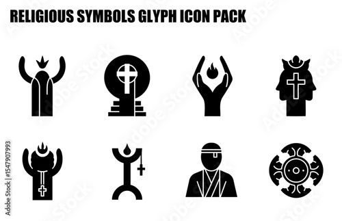 Religious symbols glyph icon pack. Black and white religious icons in various poses and settings.